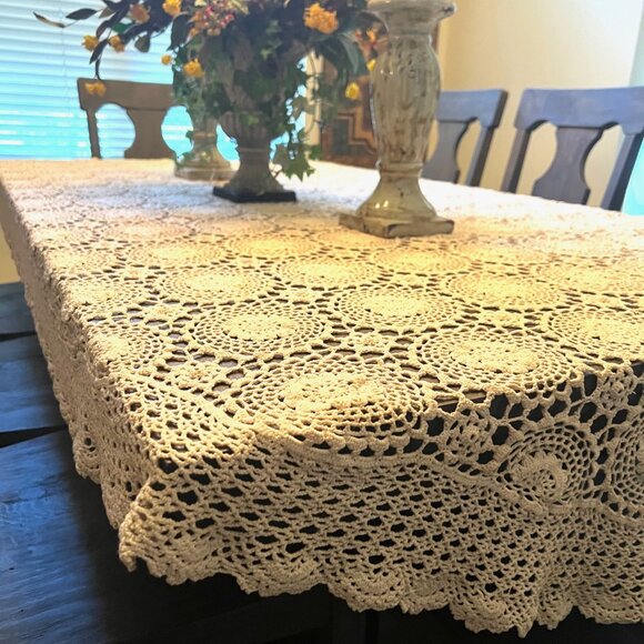 Crocheted Vintage Tablecloth-Handmade-Ivory/Cream-Approx. 68" x 108"-Rounded - Picture 4 of 10